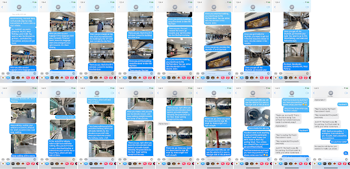 A wall of about 28 phone screenshots: one host’s complete message-by-message pickup guidance system, with annotated photos for every step