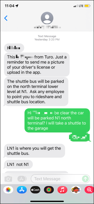 SMS thread with the host: instructions to find a shuttle at LN1, corrected from N1