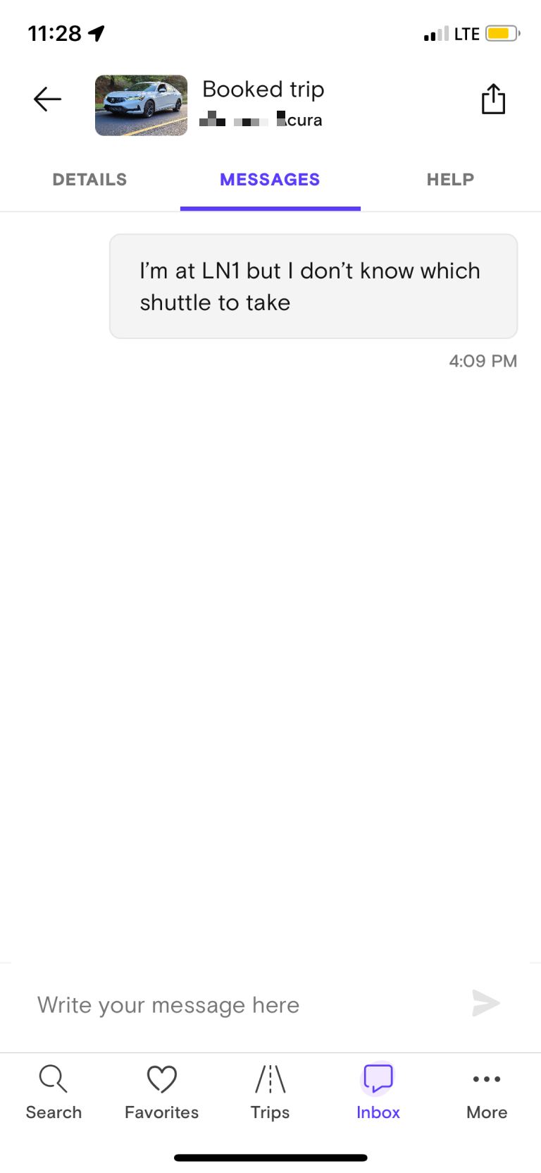 Turo app message from the guest: I’m at LN1 but I don’t know which shuttle to take