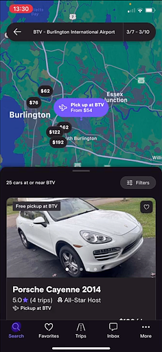 Turo search map at BTV airport