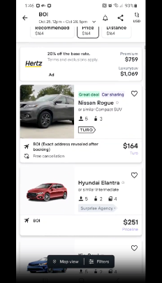 A travel search results page: a Turo Nissan Rogue at $164 next to rental company listings at higher prices